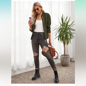 GRAPENT Women's Business Casual Buttons Pockets Open Front Blazer Suit Cardigan